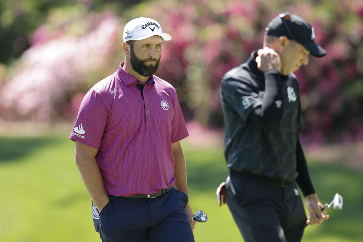 AUGUSTA (United States), 08/04/2025.- Jon Rahm of Spain (L) and Sergio Garcia of Spain (R) on the 13th green during a practice round for the 2025 Masters Tournament at the Augusta National Golf Club in Augusta, Georgia, USA, 08 April 2025. (España) EFE/EPA/ERIK S. LESSER
