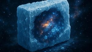 La imagen muestra un bloque de hielo cósmico suspendido en el espacio, de forma irregular y translúcida. En su interior se revela un paisaje galáctico, con brillantes puntos estelares y nebulosas de tonos azulados y anaranjados, como si el hielo conservara una memoria visual del universo.