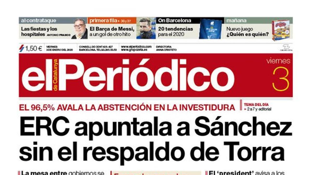 La portada de EL PERIÓDICO del 3 de enero del 2020.