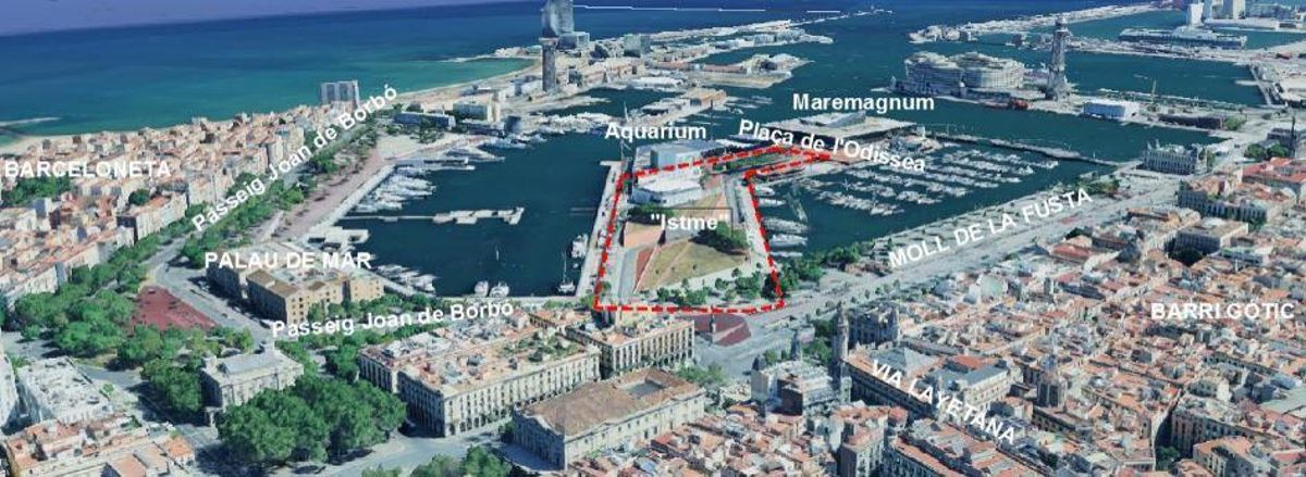 El ámbito de ordenación de la propuesta incluye el “brazo” del Moll d’Espanya, denominado también “istmo”, que relaciona la zona lúdica y deportiva desde L’Aquàrium hasta el Maremagnum, con el frente de mar de la ciudad. El ámbito de ordenación se extiende, por un lado, hasta los límites de la plaza de la Odissea y, por otro, hasta el paseo de Joan de Borbó y el Moll de la Fusta.