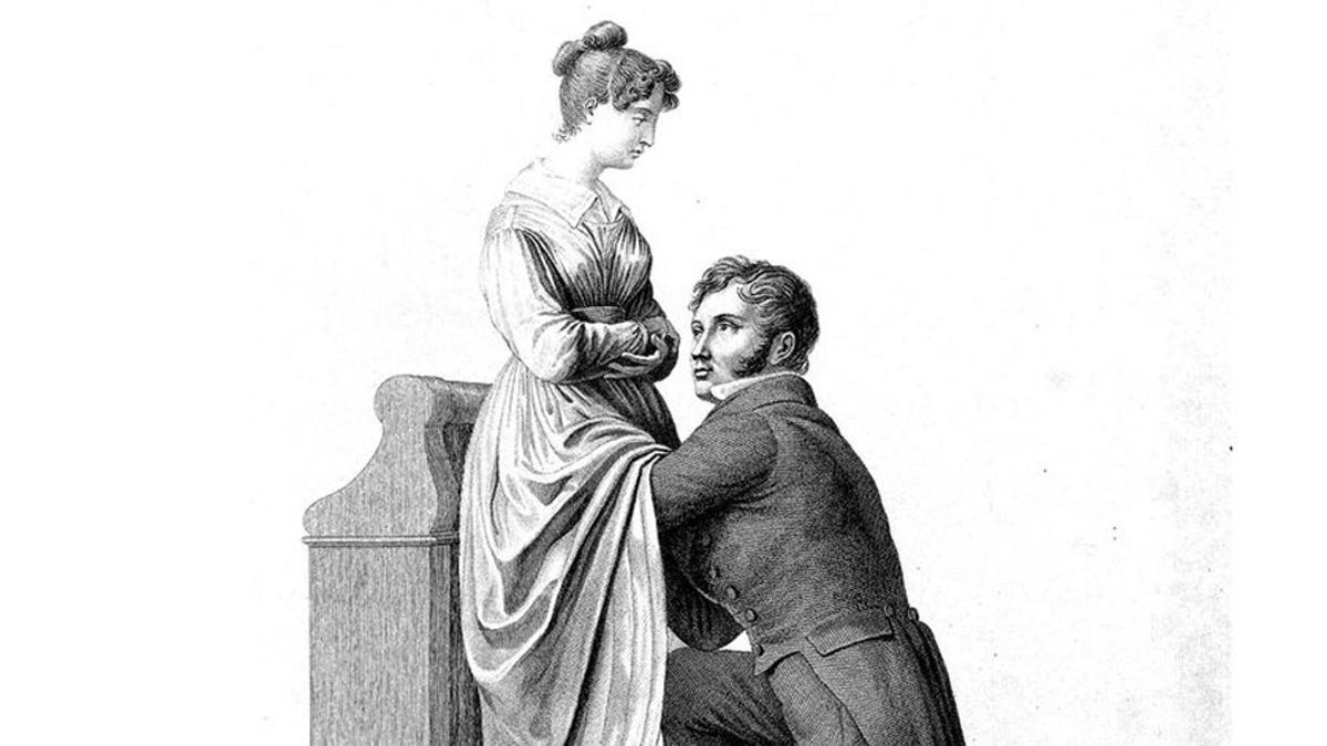 Una ilustración muestra a un ginecólogo del siglo XIX examinando a una mujer.