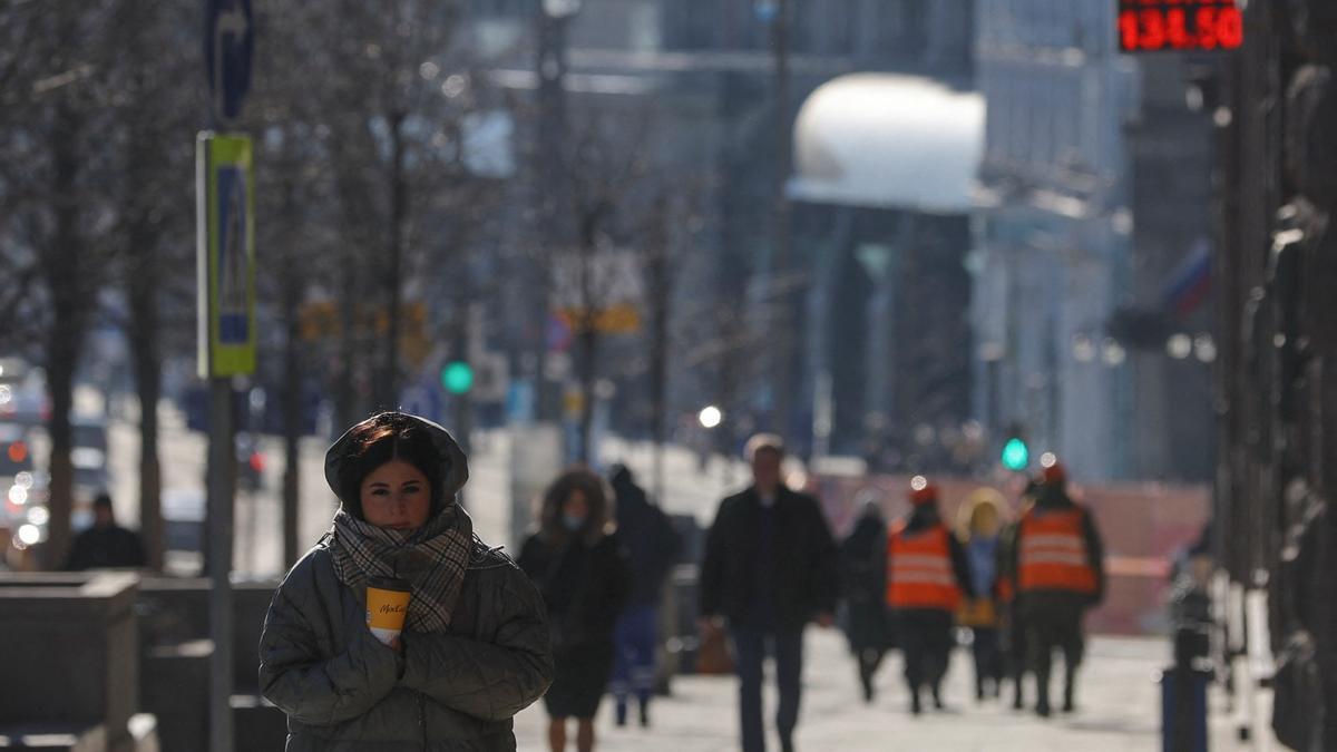 A pedestrian walks in Moscow