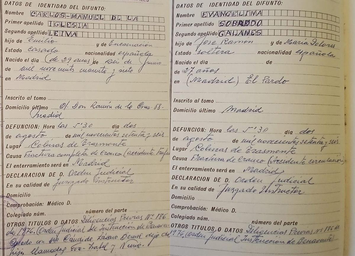 Actas de defunción de Carlos Manuel de la Iglesia Leiva (batería) y de Evangelina Sobrado Galanes «Cecilia». | J. A. G.