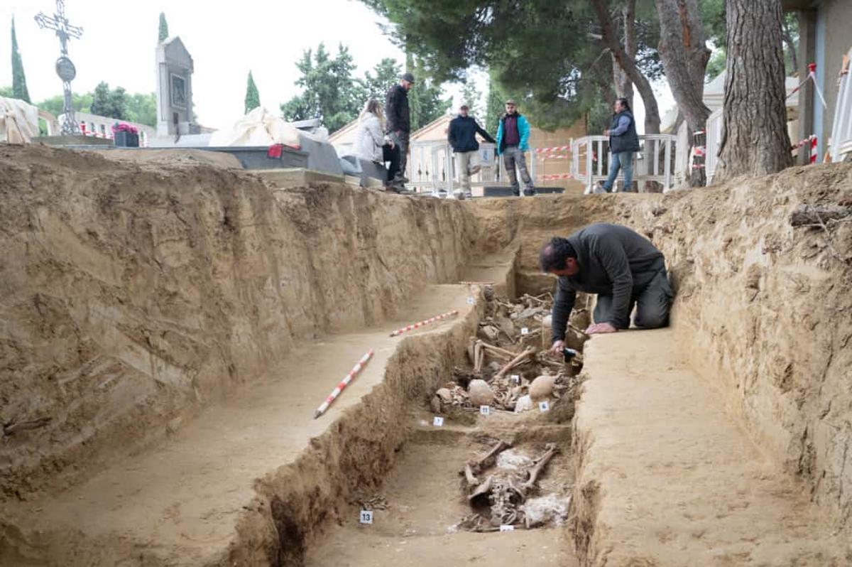Un arqueólogo trabaja en la exhumación de varios de los fusilados en la fosa de Ejea de los Caballeros.