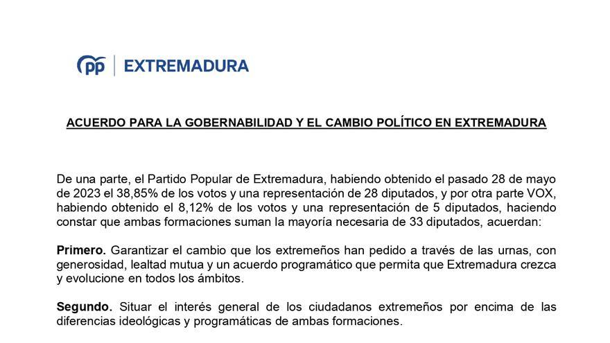 Este es el documento que el PP le ha entregado a Vox en Extremadura para llegar a un acuerdo