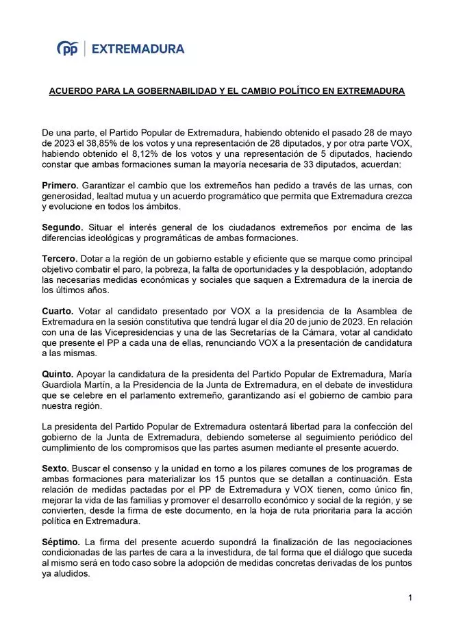 Este es el documento que el PP le ha entregado a Vox en Extremadura para llegar a un acuerdo