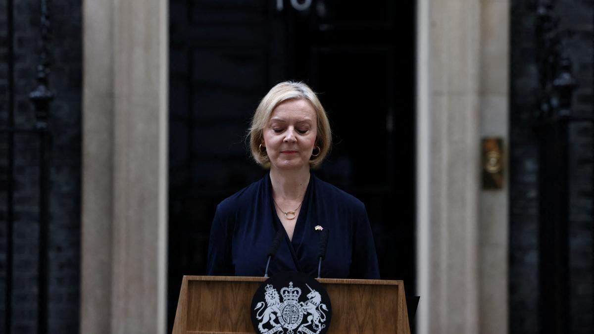 British Prime Minister Liz Truss announces her resignation, outside Number 10 Downing Street, London