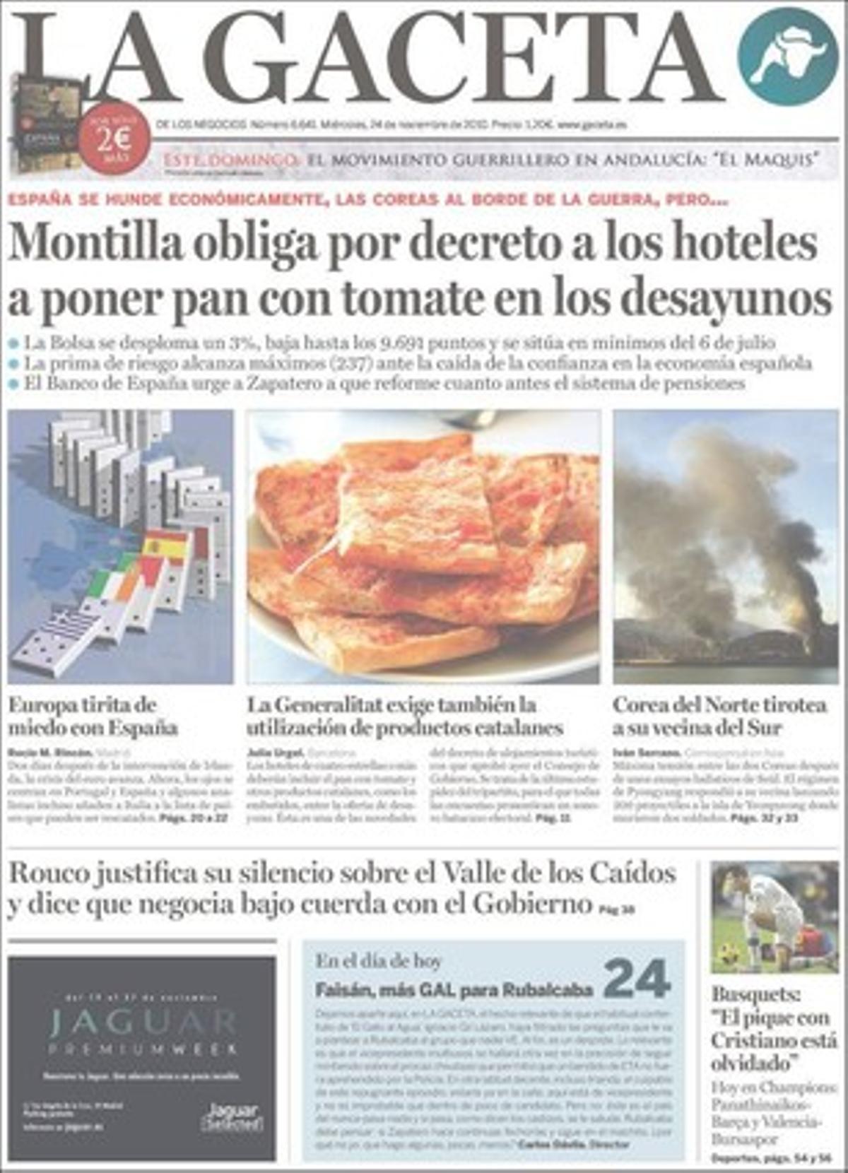 ’La Gaceta’ destaca a dins que el superàvit de la Seguretat Social cau un 28% fins a l’octubre i que la CNMV aprova el fullet per a la col·locació del dèfict de tarifa.