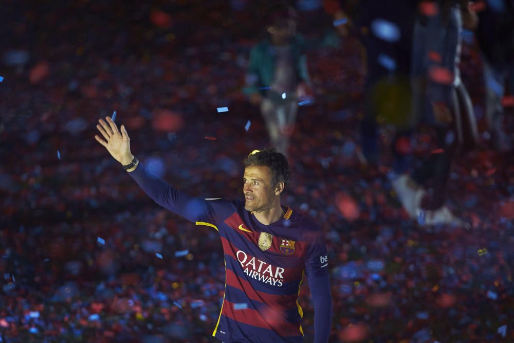 El conjunto de Luis Enrique disfrutó de una fiesta en el Camp Nou para celebrar los títulos de Liga y Copa del Rey.