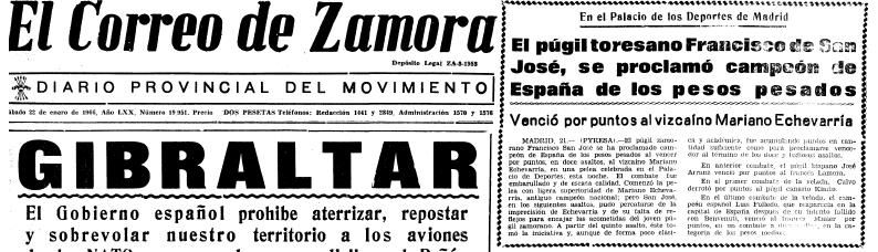 Noticia publicada en 1966 en El Correo de Zamora cuando Francisco San José se proclamó campeón de España en Boxeo.