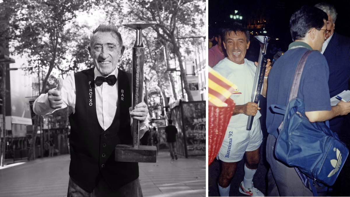 Juanito, con la antorcha olímpica en 1992, y a la izquierda rememorando el momento recientemente.