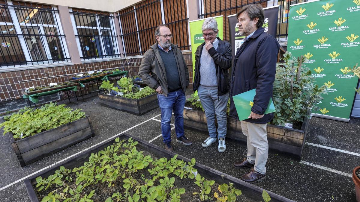 Representantes de Campoastur, COPAE y Caja Rural de Asturias, en el colegio ovetense Nazaret en la firma del convenio de la red de huertos escolares.