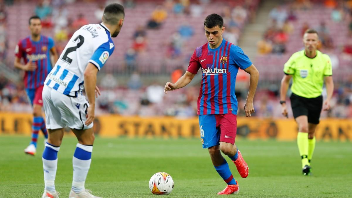 Pedri durante el partido de esta temporada ante la Real Sociedad