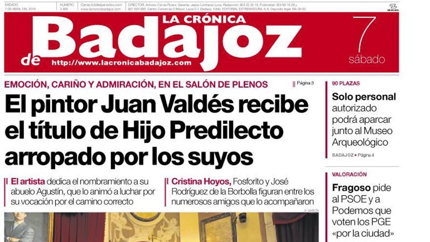 Esta es la portada de LA CRÓNICA DE BADAJOZ correspondiente al día 7 de abril del 2018