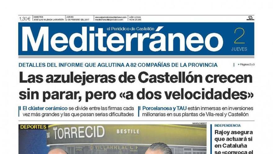 Las azulejeras de Castellón crecen “a dos velocidades”, en la portada de Mediterráneo