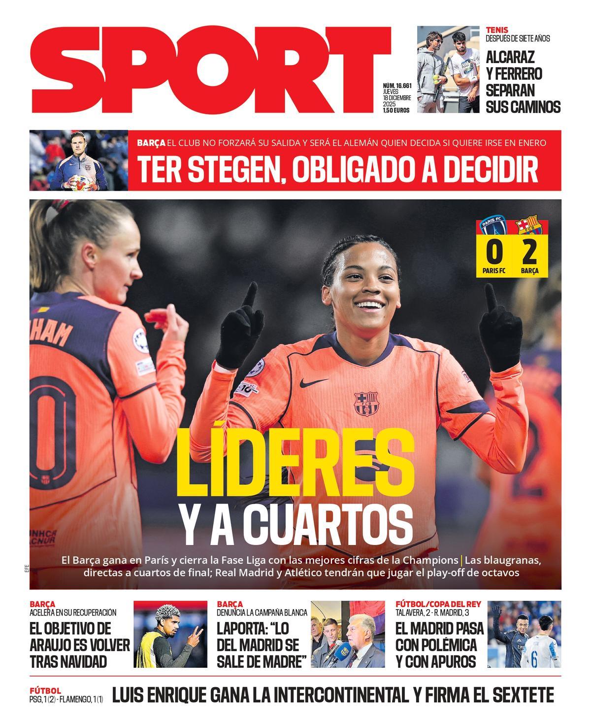 Esta es la portada de SPORT de hoy jueves, 18 de diciembre de 2025