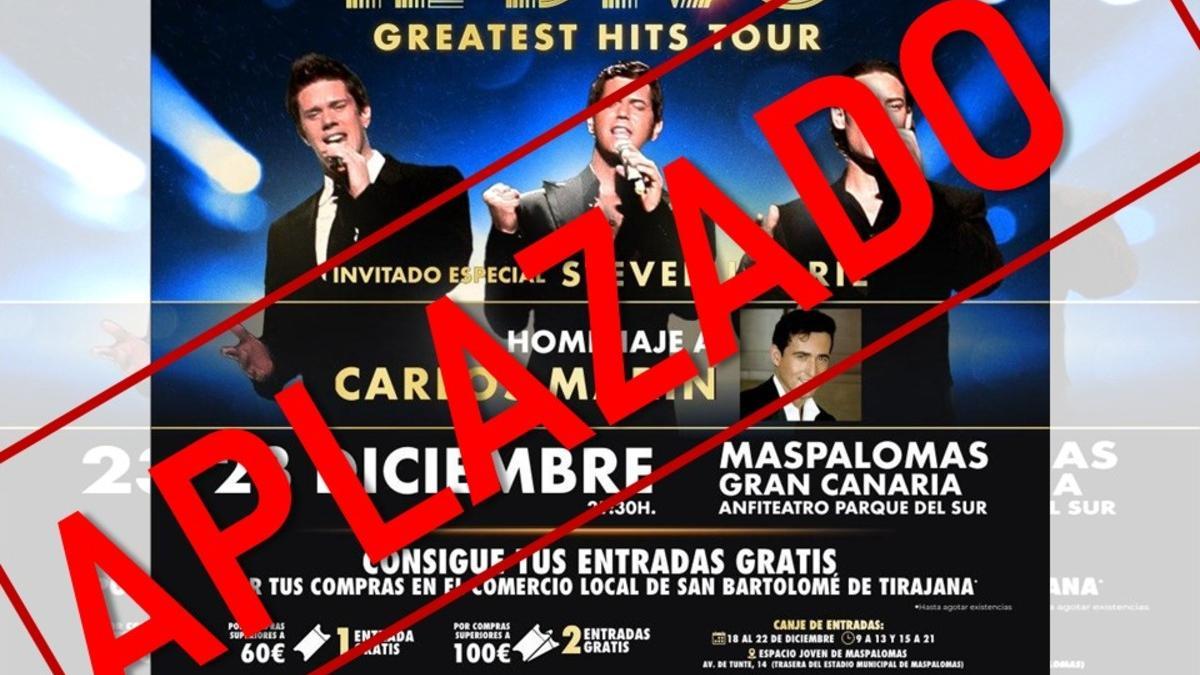 Cartel de aplazamiento del concierto de Il Divo previsto para este viernes en Maspalomas.