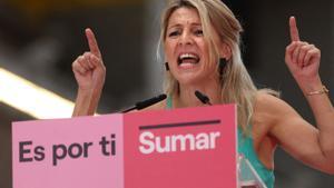 La candidata de Sumar, Yolanda Díaz, en un mitin en Madrid.
