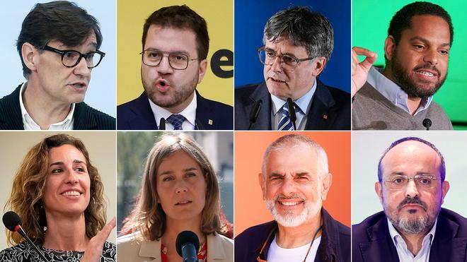 Salvador Illa, Pere Aragonès, Carles Puigdemont, Ignacio Garriga, Laia Estrada, Jéssica Albiach, Carlos Carrizosa y Alejandro Fernández.