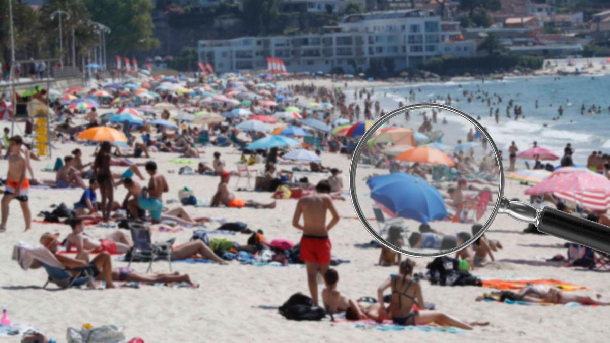 Aglomeración de bañistas y veraneantes en la playa de Samil