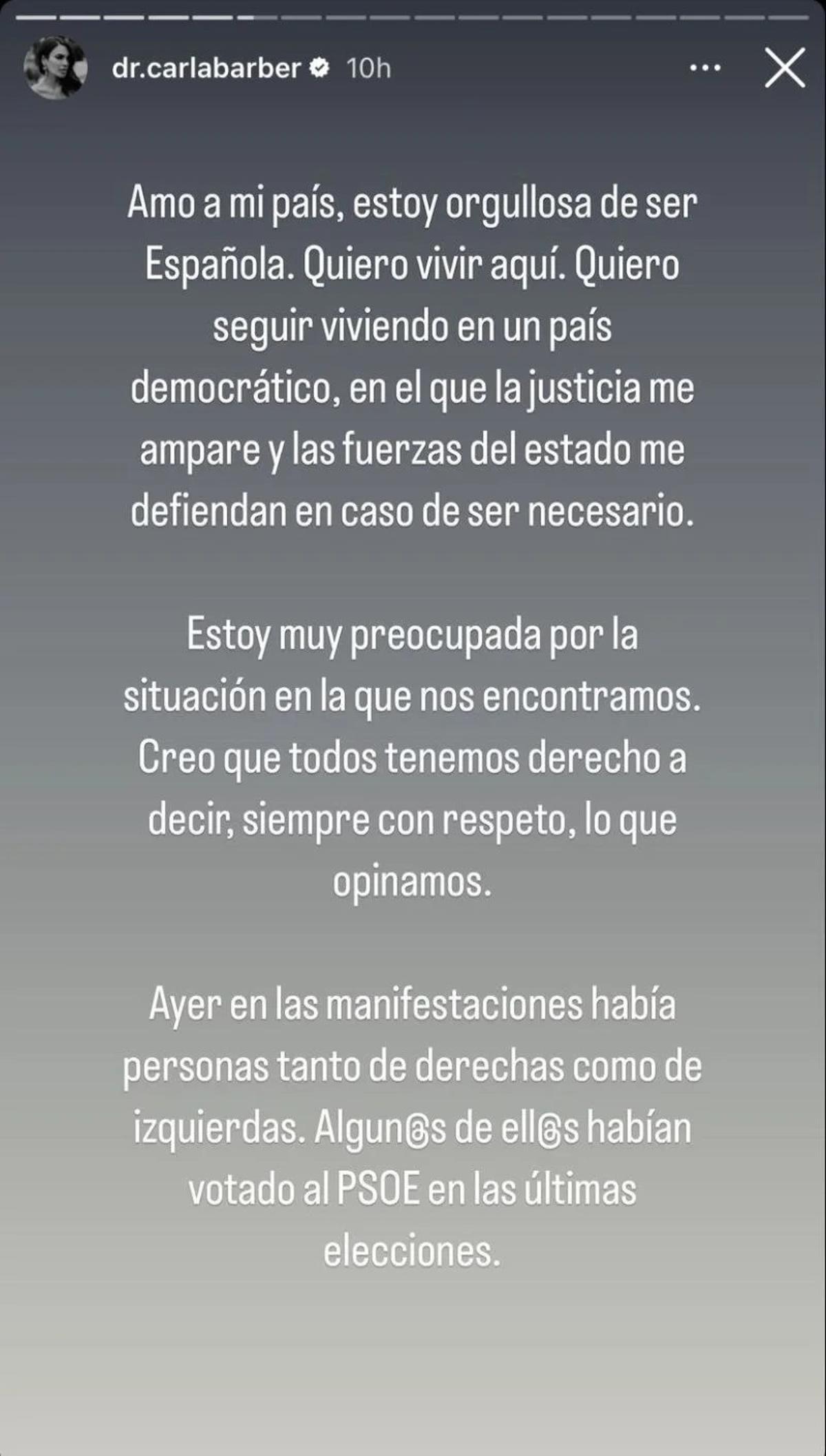 El comentario de Carla Barber en su Instagram.