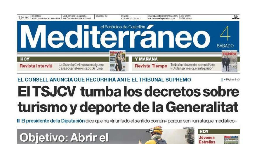 El TSJCV tumba los decretos sobre turismo y deporte de la Generalitat, en la portada de Mediterráneo