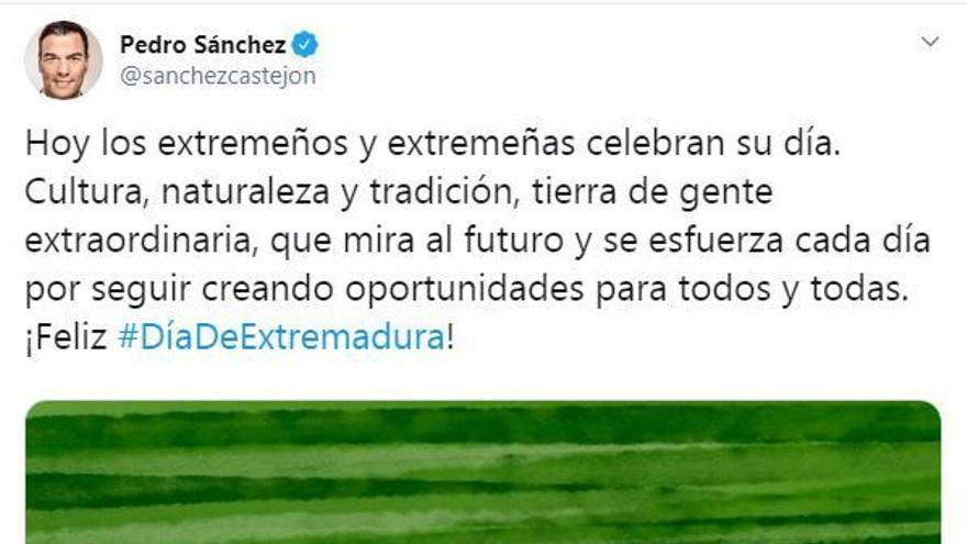 Sánchez felicita el Día de Extremadura, tierra que se &quot;esfuerza&quot; por seguir creando oportunidades