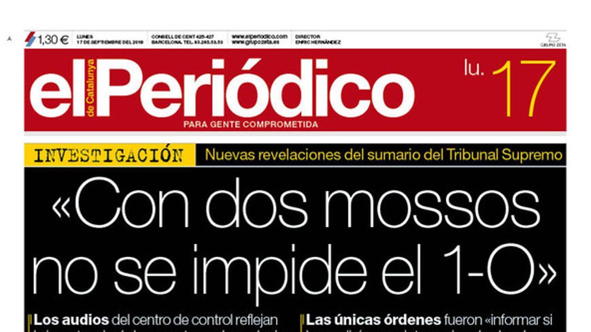 La portada de EL PERIÓDICO DE CATALUNYA del 17 de septiembre del 2018