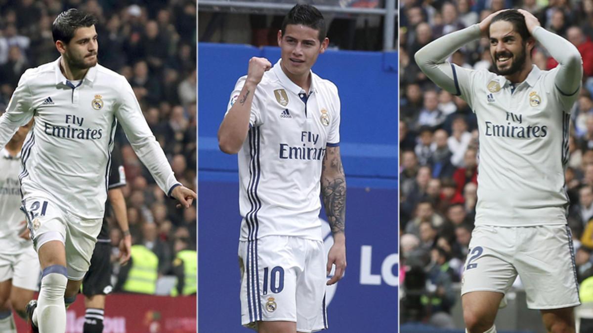 Álvaro Morata, James Rodríguez e Isco Alarcón, futbolistas del Real Madrid