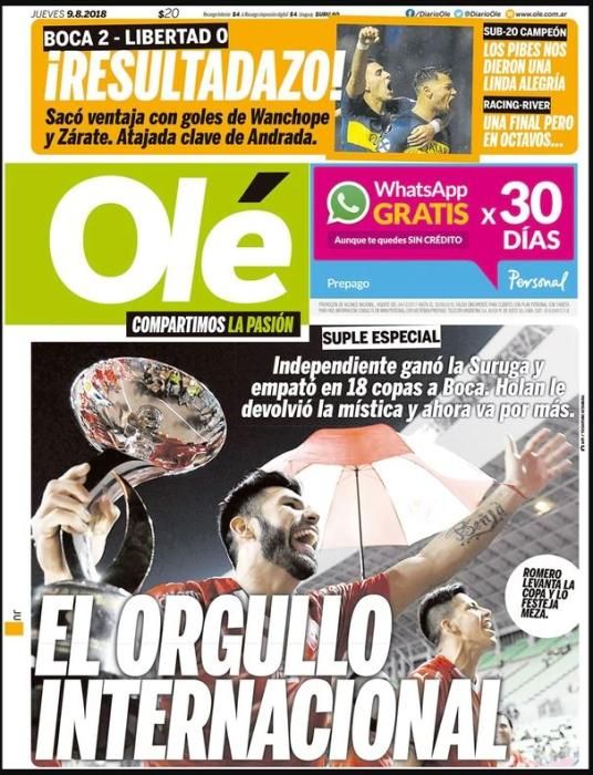 Portada OLÉ jueves 9 de agosto de 2018