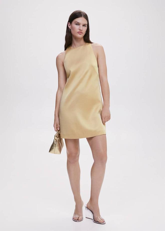 Vestido dorado corto en tejido de satén de Mango