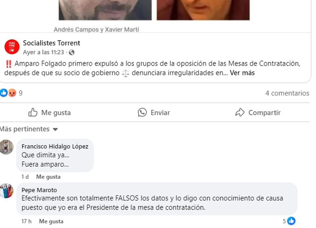 Comentario de Pepe Maroto en el Facebook de Andrés Campos