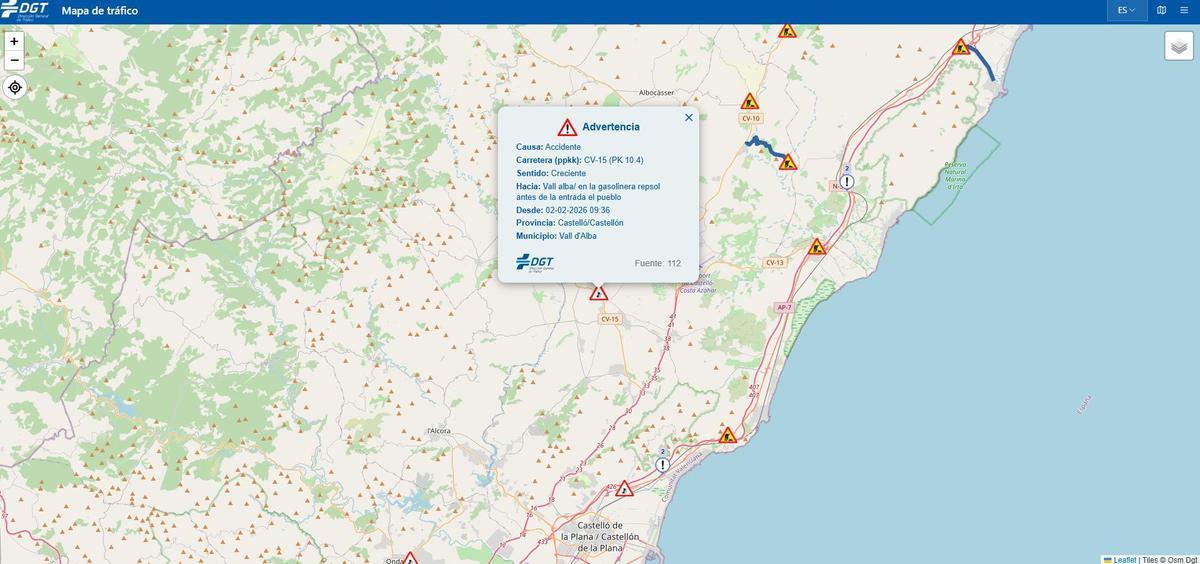 Una imagen de la web de la Dirección General de Tráfico con el aviso del accidente.