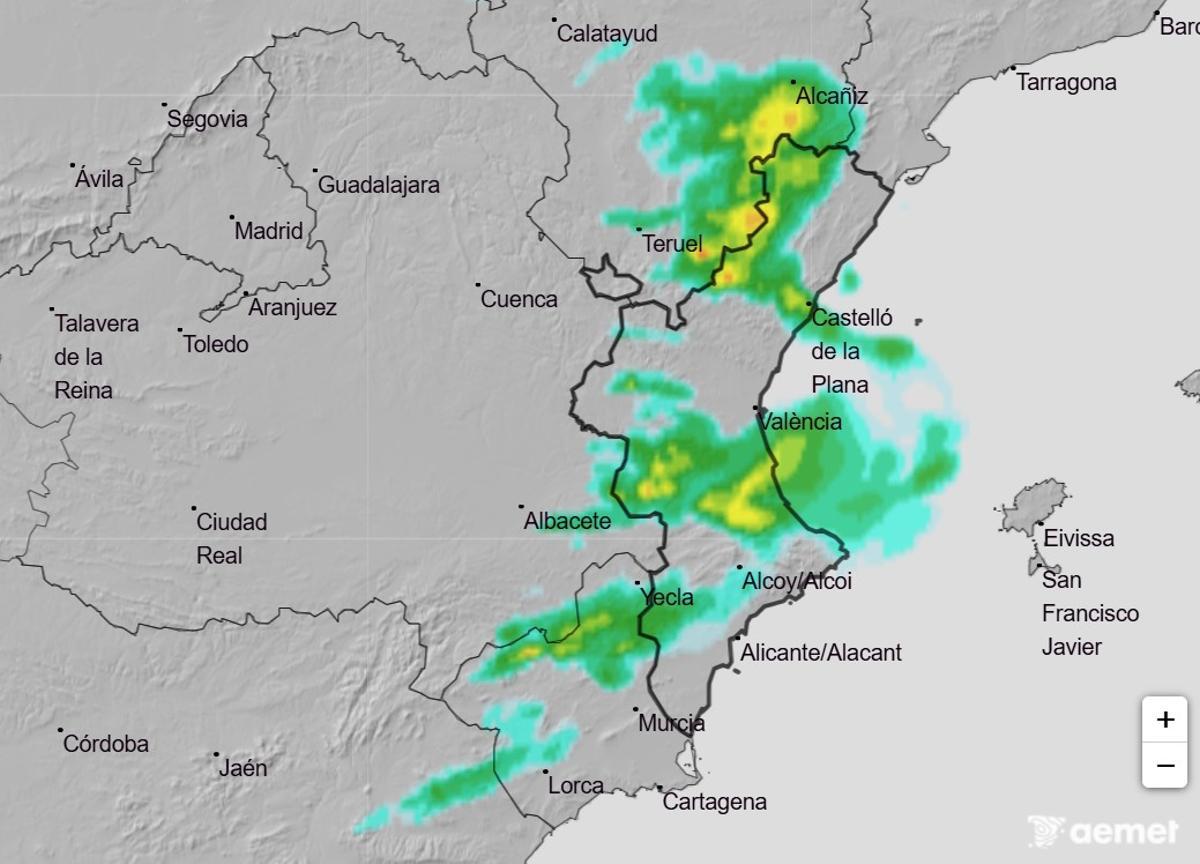 Lluvias previstas entre las 14 y as 20 horas del lunes en la Comunitat Valenciana.