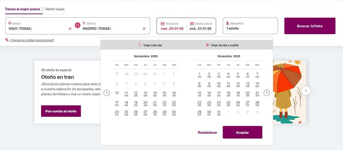 Calendario de precios en la web de Renfe para viajar entre Vigo y Madrid
