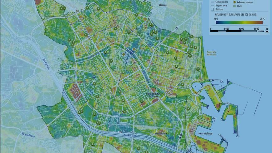 Mapa de calor de València. Las zonas rojas carecen de huertos urbanos y la temperatura es más alta.