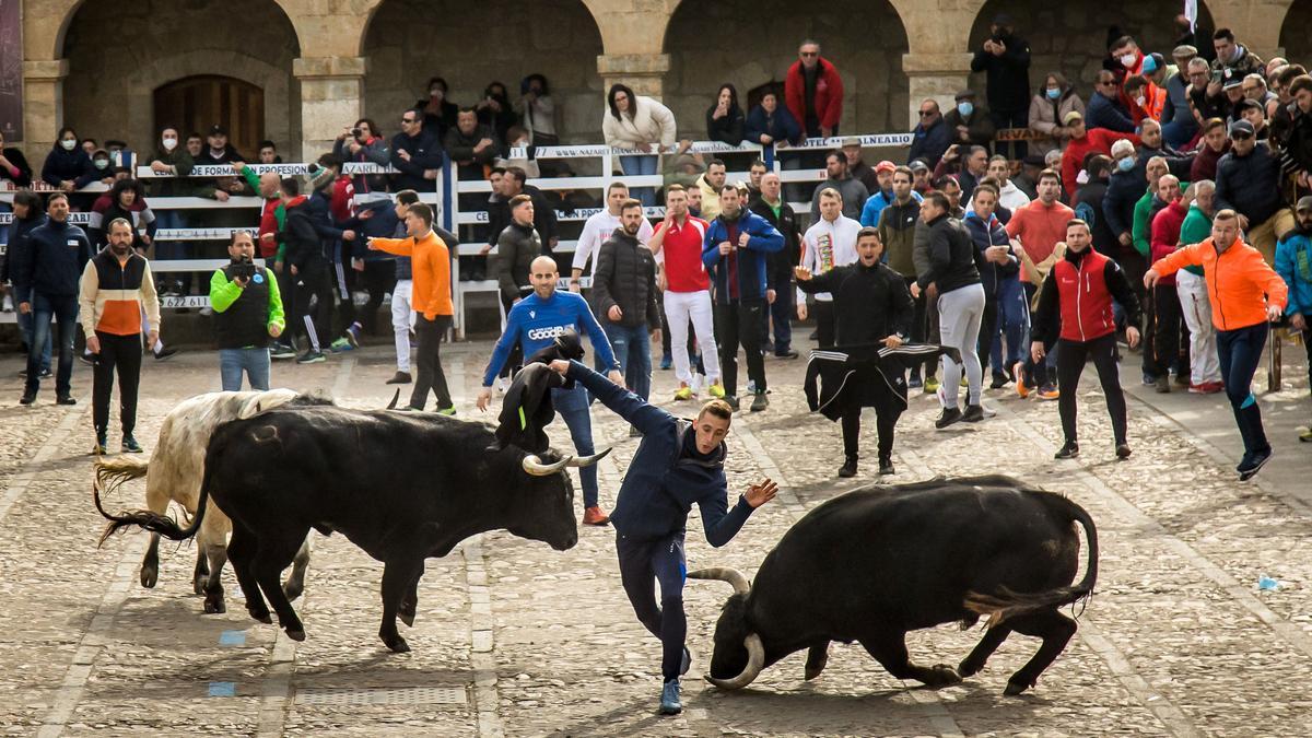 Un joven durante el encierro de hoy.