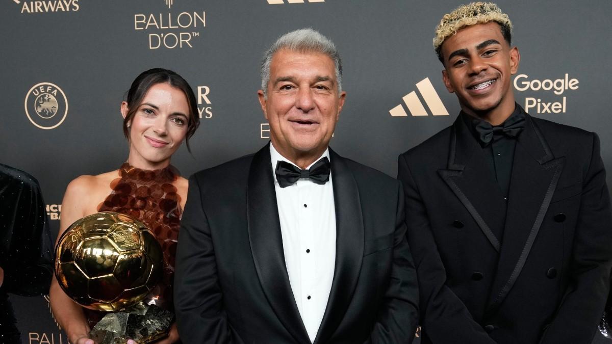 Aitana y Lamine, junto al presidente del Barça Joan Laporta