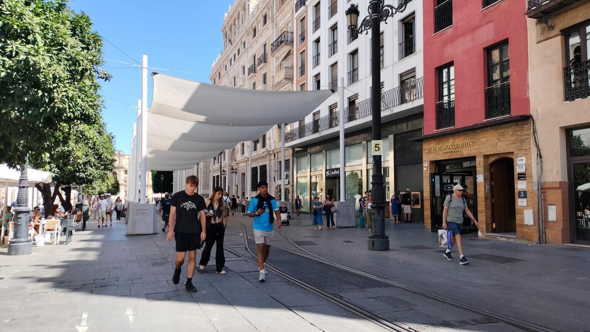Primeros toldos colocados en el segundo tramo de la avenida de la Constitución
