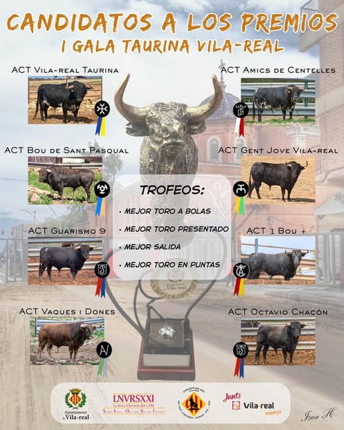 Cartel anunciador con los ocho toros que optan a ganar algunod e los cuatro trofeos de la primera Gala Taurina de Vila-real.