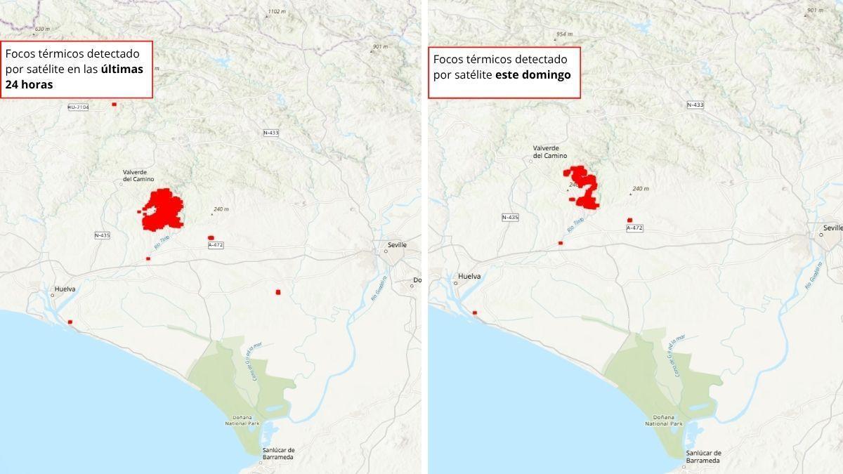Focos térmicos detectados en el incendio forestal de Huelva