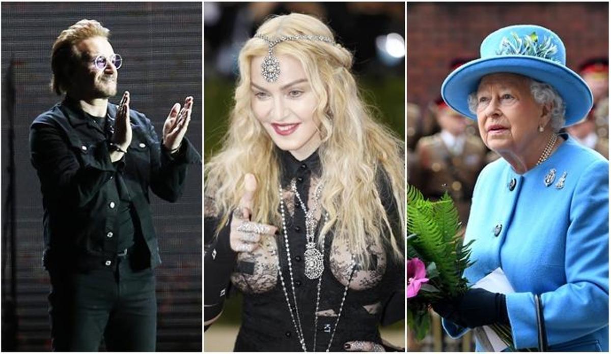 Bono, Madonna y la Reina Isabel II.