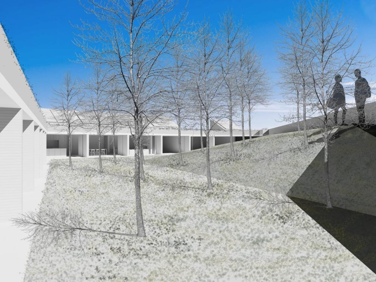 Render que muestra cómo quedará la casa, con un espacio al aire libre en el centro.