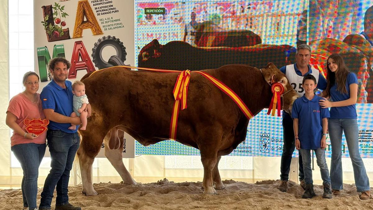 Vidal Ramos y Fernando Heras, con sus familias, junto a Tristán, Campeón Adulto del Concurso Nacional y Concurso Ibérico de la raza limusín en 2025.