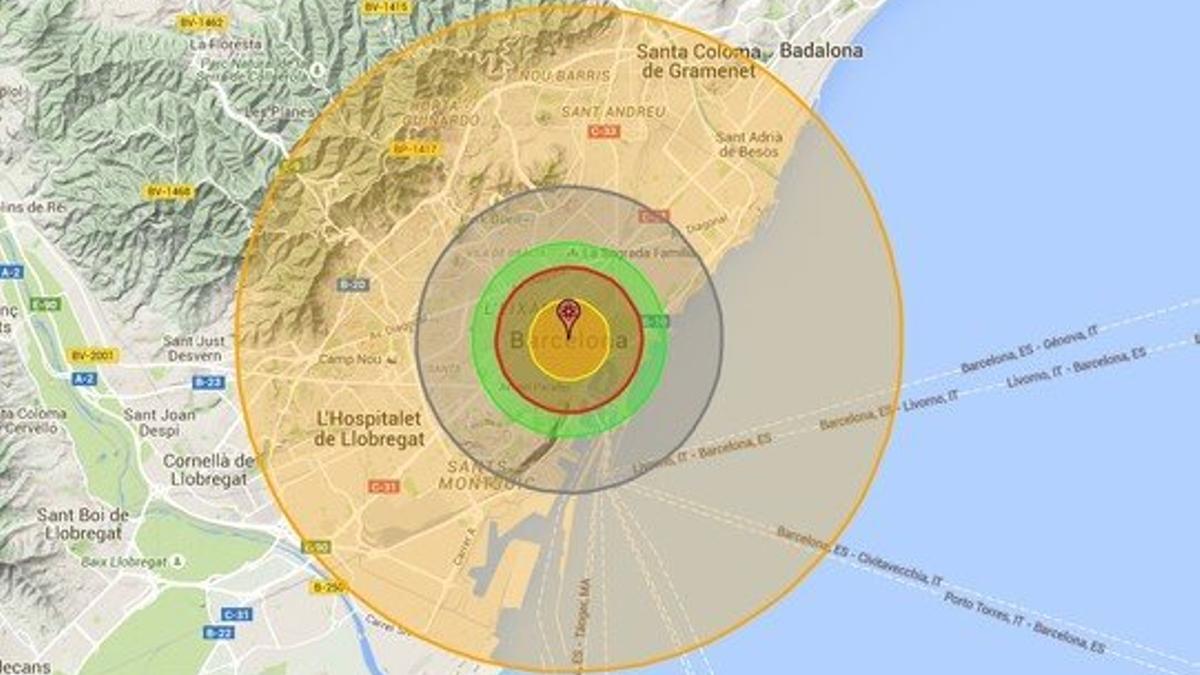 El alcance que tendría una bomba 'Tsar' si explotase en el centro de Barcelona.