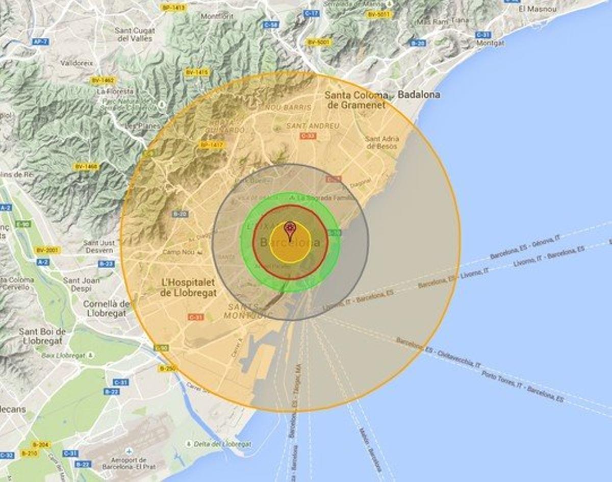 L’abast que tindria una bomba ’Tsar’ si explotés al centre de Barcelona.