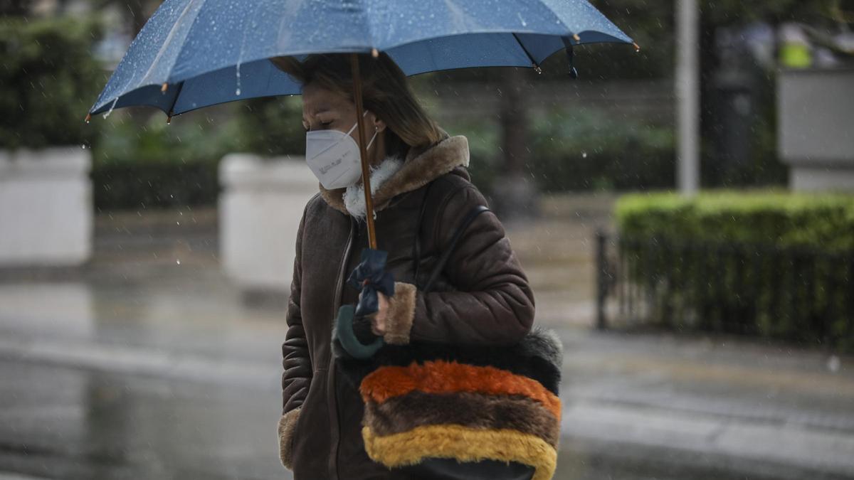 Una mujer pasea bajo la lluvia.