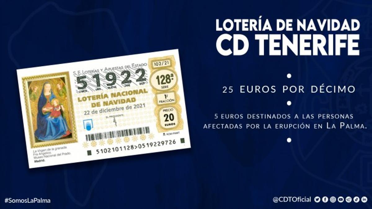 Promoción de la campaña de venta de décimos en el CD Tenerife a beneficio de los afectados por el volcán de La Palma.