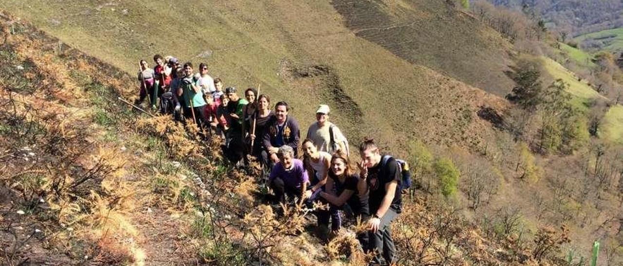 Los voluntarios que acudieron a repoblar dos hectáreas de monte en Llames de Parres.