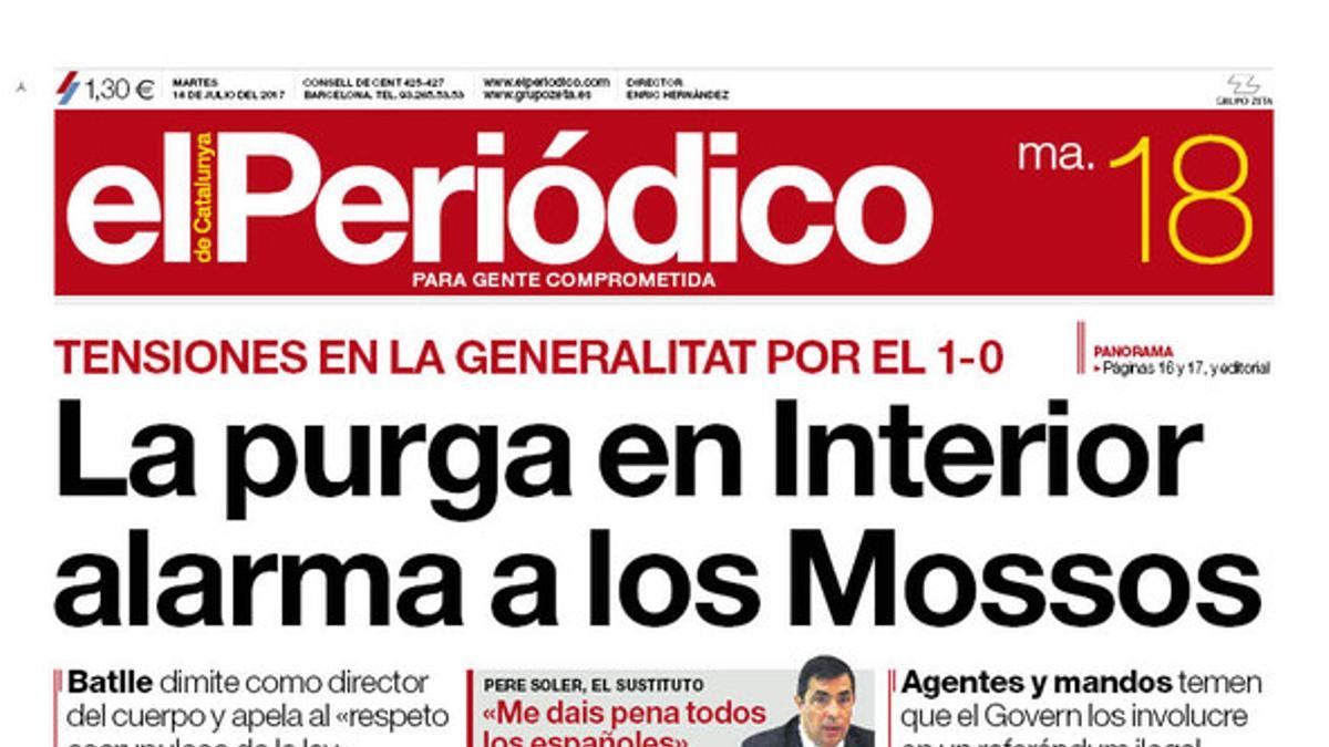 La portada de EL PERIÓDICO del martes, 18 de julio del 2017.
